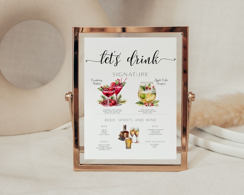 May include: A printable sign with a gold frame that says "Let's Drink" and lists signature drinks, beer, spirits, wine, and non-alcoholic options.
