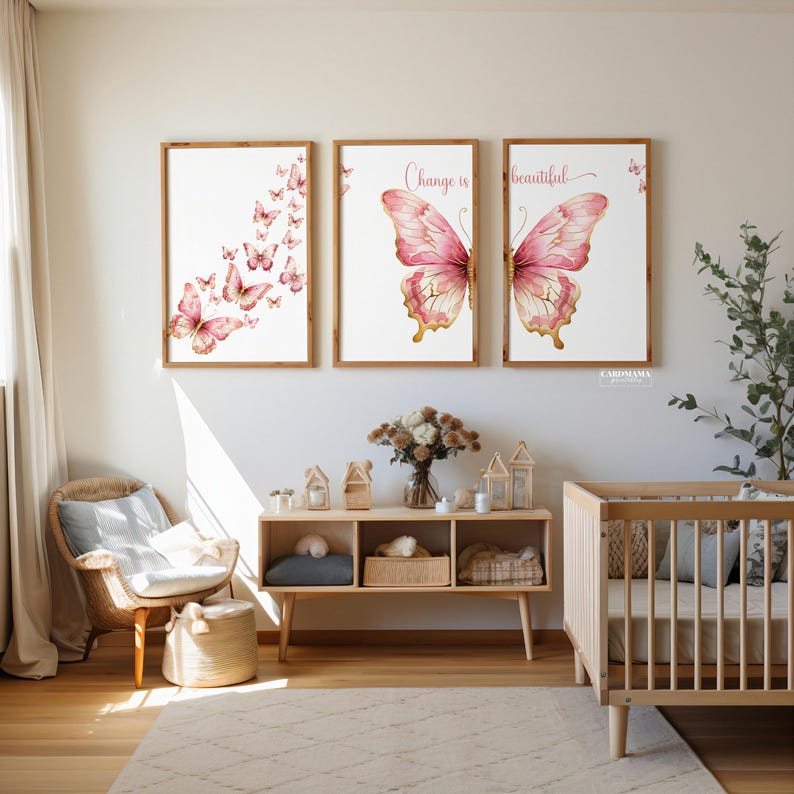 Butterfly Art Print Set Trendy Pink Room Decor, Inspirational Quotes