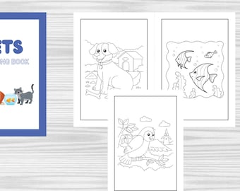 Coloring pages for Kids, pet animals, kids coloring pages, instant download, Blue Colorful Pets Coloring Book Printable Coloring Sheet