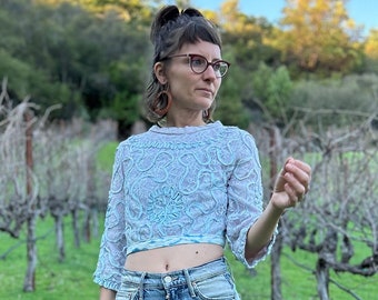 Vintage Lacey Crop Top - Sky Collage