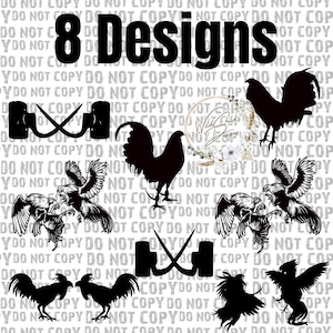 Op de afbeelding: Een digitaal ontwerp met acht zwarte silhouetontwerpen. De ontwerpen omvatten hanen, adelaars en gekruiste gereedschappen. De tekst "8 Designs" staat bovenaan de afbeelding.