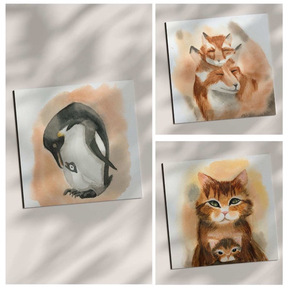 Animal Mother & Child Original Watercolor Set - Nursery Wall Decor | cat, fox, penguin illustration | Children's room | Handmade wall art