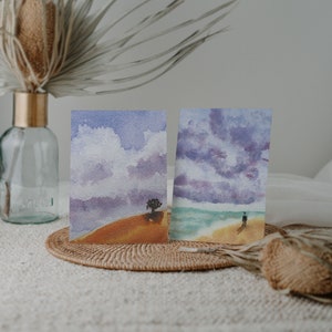 Lot de 2 cartes de vœux paysage aquarelle de haute qualité – bleu ciel violet – 12,7 x 17,8 cm avec enveloppes