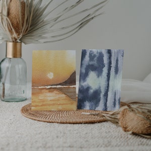 Lot de 2 cartes de vœux aquarelle originales : coucher de soleil marin et paysages nocturnes en orange et bleu foncé | 5"x7" | avec enveloppe