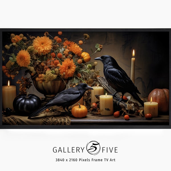 Samsung Frame TV Art Autumn Still-Life | Beautiful Fall Table with Pumpkins Crows Candles Flowers | Instant Download Digital Artwork