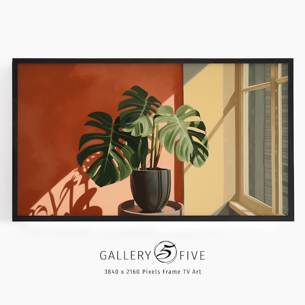 Samsung Frame TV Art Midcentury Monstera Painting | Instant Digital Download | MCM Modern Art | Vintage Retro Leaves