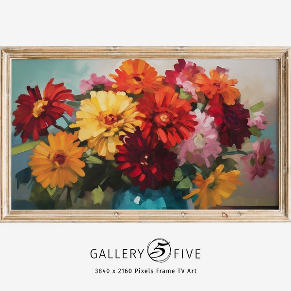 Samsung Frame TV Art Zinnias Still-Life Painting | Instant Digital Download | Frame TV Flower Bouquet