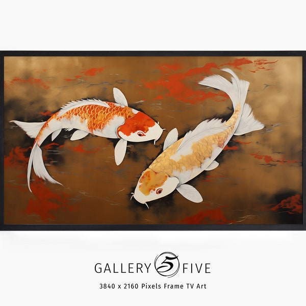 Samsung Frame TV Art | Japanese Koi Painting | Instant Digital Download | Asian Art | Two Fish in Gold & Red | Asian Style Painting