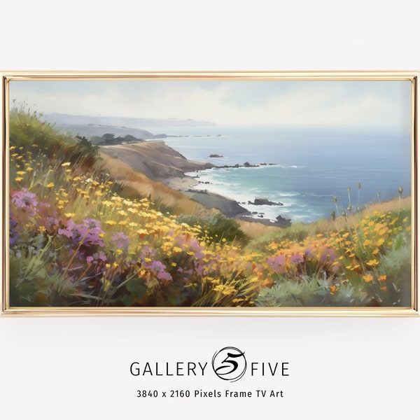 Samsung Frame TV Art Coastal California Landscape | Ocean View | Instant Digital Download | Frame TV Beach Flowers Cliff