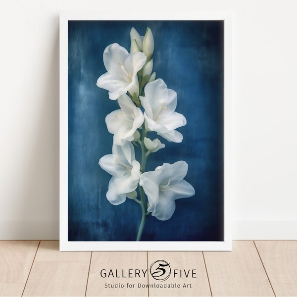Botanical Printable Wall Art | Instant Download | Freesia Blossoms Digital Print | Maximalism Wall Decor | White & Deep Cyanotype Blue