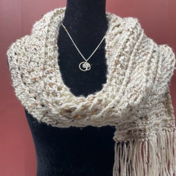 Chunky Cables Textured Scarf, with Speckled Ripples and Fringe