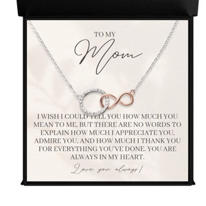 Mamá mensaje tarjeta entrelazado Infiniti collar regalo, a mi mamá collar, mamá mensaje collar, regalo de mamá sentimental, te amo mamá regalo