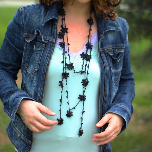Black Crochet Wrappable Necklace with Beaded Floral Accents