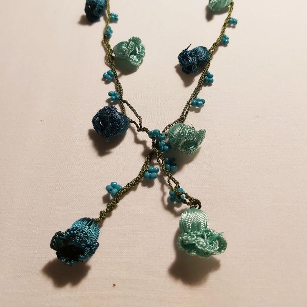 Handcrafted Turkish Oya Crochet Necklace with Delicate Floral Motifs | Blue & Cyan Flowers