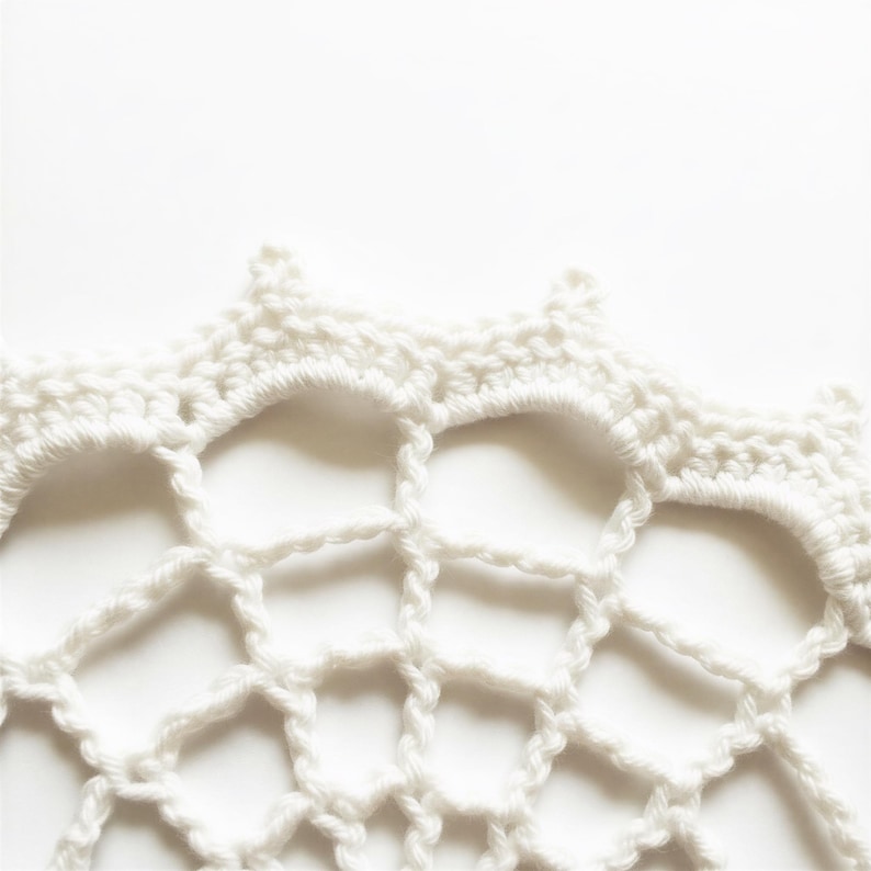 A close-up view of a delicate, intricate white crochet or knitted fabric, showcasing the intricate patterns and textures created through the use of yarn or thread.
