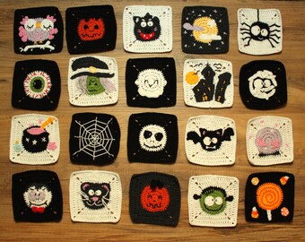 Halloween Decor, Spooky Chic Granny Square Set | 55% Cotton Yarn | 20 Pieces, 4.5 Inch Each, Crochet