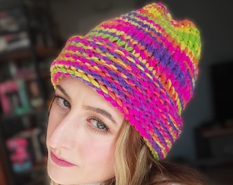 Knit Beanie, Rainbow Chunky Hat | Wool-Acrylic Blend | Foldable Brim, Adult One Size, Handmade