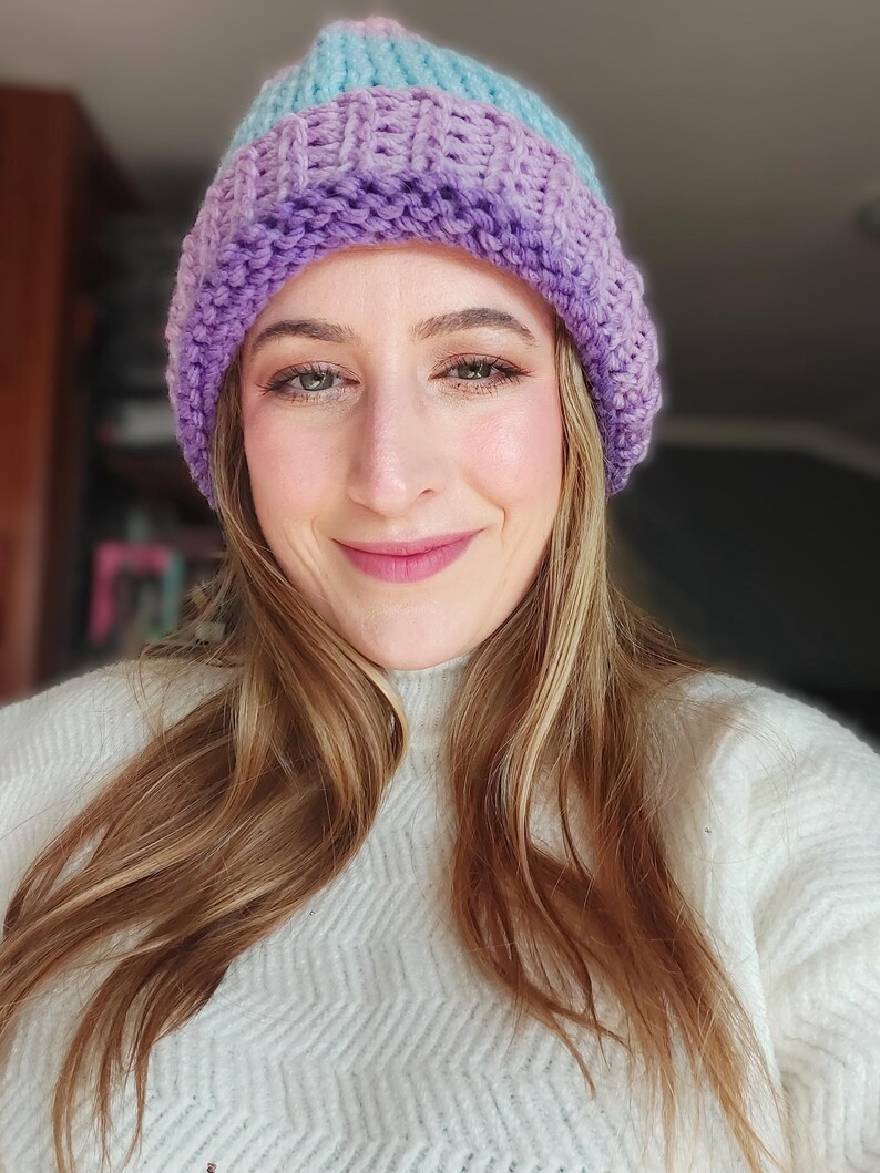Knit Beanie, Pastel Ombre Hat | 100% Acrylic | Unisex Universal Fit, Ribbed Fold-Over Brim image 2