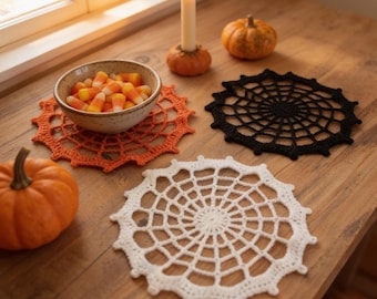 Halloween Coasters, Spider-Web Crochet Doilies | 55% Cotton Yarn | 8.5 Inch Diameter, Set Of 3, Black White Orange