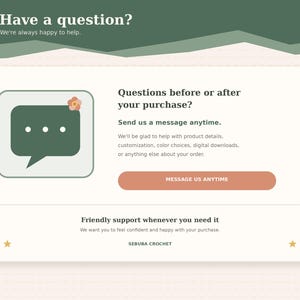 The image is a screenshot of a customer support chat interface, featuring a green chat bubble with a flower icon and a message asking for questions before or after a purchase.