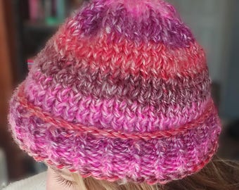 Wool Beanie, Slouchy Knit Hat | 40% Blend | One Size Fits Most, Pink-Red-Violet Gradient, Handcrafted