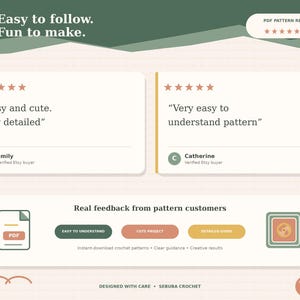 The image is a screenshot of a website that displays a collection of crocheted patterns, along with user reviews and feedback. The website appears to be designed with care, featuring crocheted elements and a clean layout.