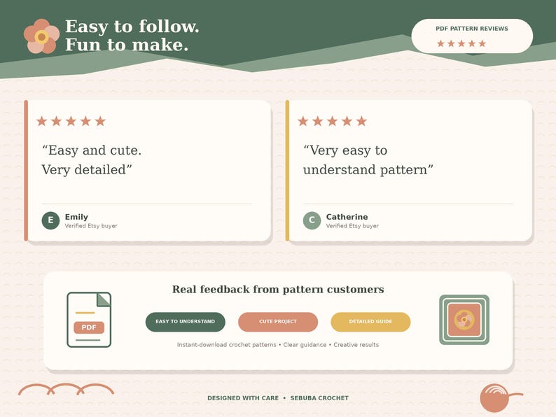 The image is a screenshot of a website that displays a collection of crocheted patterns, along with user reviews and feedback. The website appears to be designed with care, featuring crocheted elements and a clean layout.