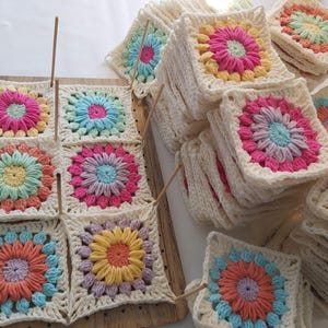 Crochet Granny Squares, Cotton Yarn, Baby Colors, 4" Unblocked Motifs, DIY Patchwork Pieces