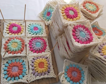 Crochet Granny Squares, Cotton Yarn, Baby Colors, 4" Unblocked Motifs, DIY Patchwork Pieces