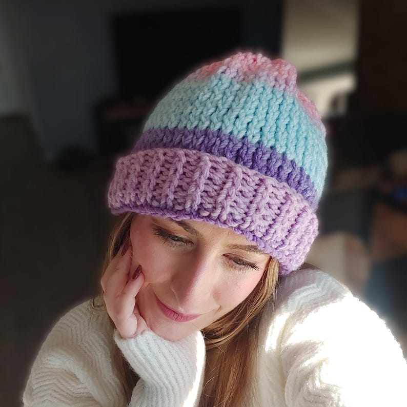 Knit Beanie, Pastel Ombre Hat | 100% Acrylic | Unisex Universal Fit, Ribbed Fold-Over Brim image 1