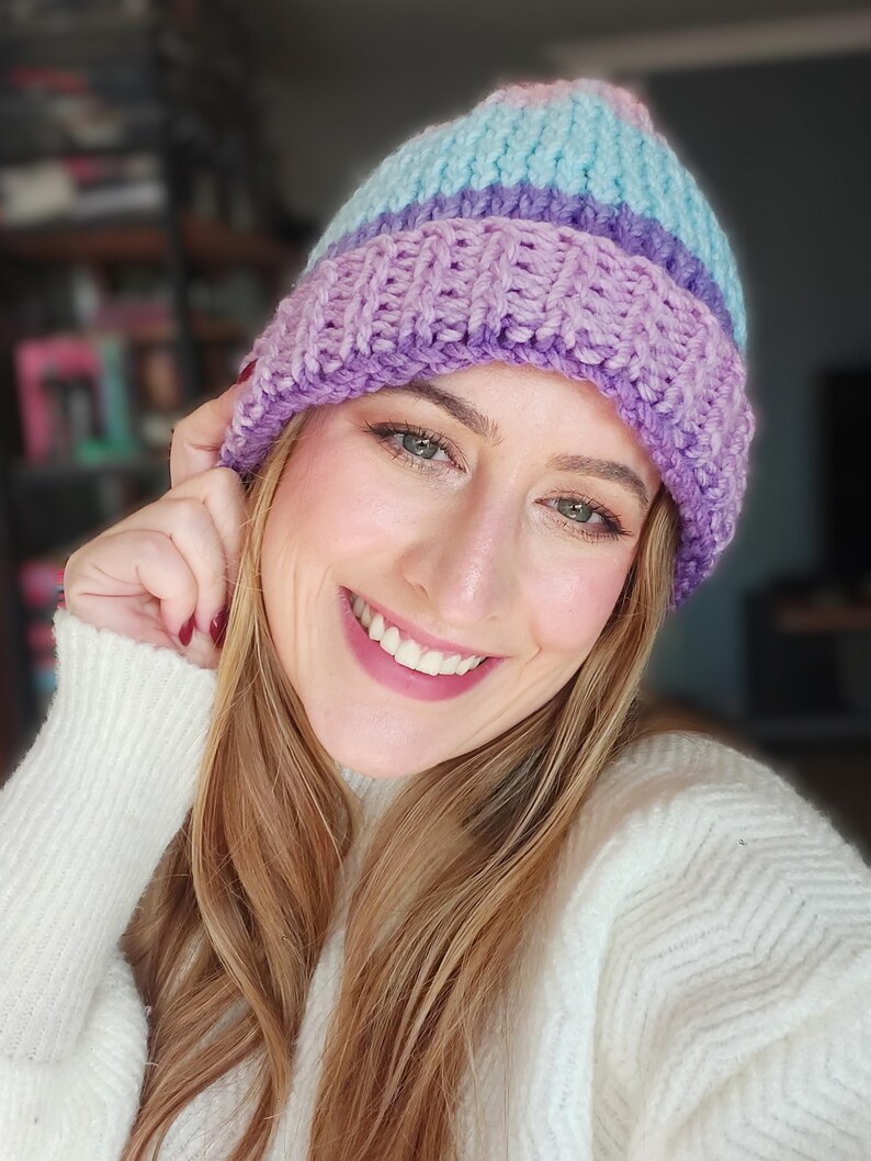Knit Beanie, Pastel Ombre Hat | 100% Acrylic | Unisex Universal Fit, Ribbed Fold-Over Brim image 4