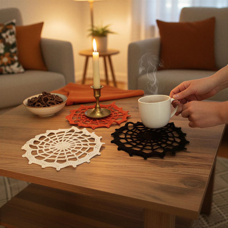 A cozy living room scene with a person holding a white mug, a candle on a table, and a bowl of snacks.