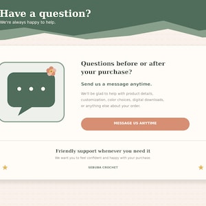 The image is a screenshot of a customer support chat interface, featuring a green chat bubble with a flower icon and a message asking for questions before or after a purchase.