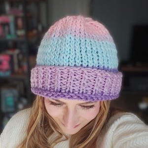 Knit Beanie, Pastel Ombre Hat | 100% Acrylic | Unisex Universal Fit, Ribbed Fold-Over Brim image 3