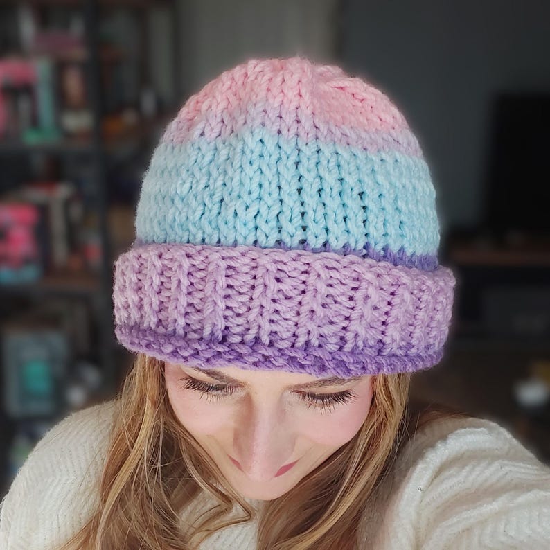 Knit Beanie, Pastel Ombre Hat | 100% Acrylic | Unisex Universal Fit, Ribbed Fold-Over Brim image 3