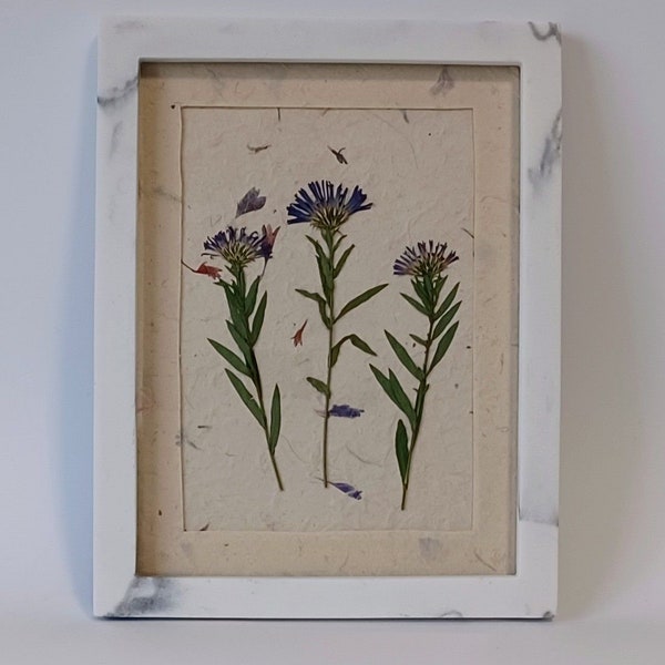 Purple Aster Pressed Wildflower Trio on Lokta Paper in White & Gray Marble frame (with Easel back), Single mat with Lokta paper border