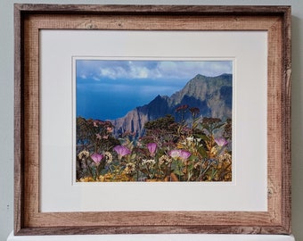Kalalau Lookout (Kauai, Hawaii) Photo with Real Flowers added in 23x19 Rustic Wood Frame, Double White Matted