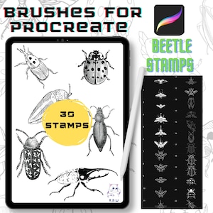 May include: A digital art product displayed on a tablet, featuring black and white beetle illustrations. The text "BRUSHES FOR PROCREATE" and "BEETLE STAMPS" are visible. Includes 30 stamps and a stylus.