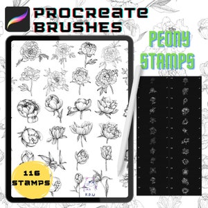 Procreate Brushes Botanical Floral Procreate Stamp Brush Pack Tattoo Stencil Procreate Brushes Instant Digital Download Tattoo Stamps Peony