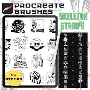 May include: A digital illustration of 54 black and white skeleton stamps for use in Procreate. The stamps feature various summer-themed designs, including palm trees, skulls, surfboards, and the words "Summer Paradise".
