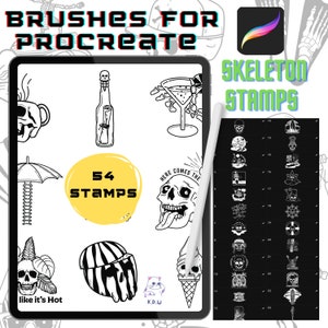 May include: A digital illustration of 54 black and white skeleton stamps for use in the Procreate app. The stamps include a variety of designs, such as skulls, bones, and other spooky imagery. The text "Here Comes The" is included in one of the stamps.