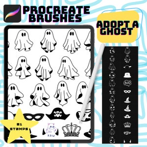 Op de afbeelding: Een digitale illustratie van 81 Procreate-stempels met geesten, hoeden en andere Halloween-themaontwerpen. De tekst "Adopt a Ghost" wordt weergegeven in de rechterbovenhoek van de afbeelding.