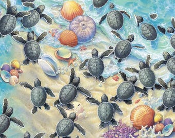 PRE-CUT Fabric Sea Turtle Fabric Race to Safety in Multi 100% Cotton Fabric from Elizabeth Studios
