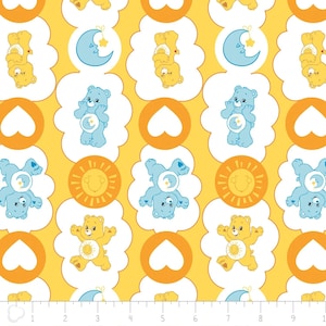May include: A yellow fabric with a repeating pattern of Care Bears. The bears are wearing different colors and have different expressions. There are also hearts, suns, and moons in the pattern.