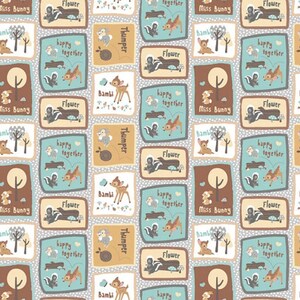 May include: A repeating pattern featuring various woodland creatures in a light gray background with white polka dots. The pattern includes a deer, a skunk, a rabbit, and a squirrel. The pattern also includes the words "Bambi", "Thumper", "Flower", "Miss Bunny", and "Happy Together".