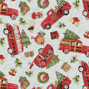 Christmas Red Truck and Camper Toss PRE-CUT Fabric from Springs Creative 100% Cotton