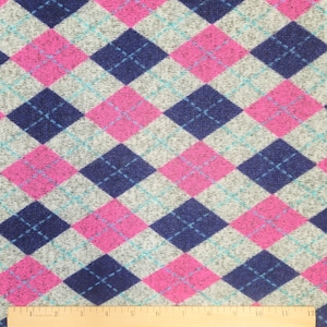 FLEECE Heather Pink and Blue Argyle Knitted Sweater Fleece PRE-CUT Fabric 100% Polyester