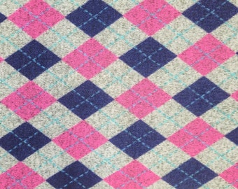 FLEECE Heather Pink and Blue Argyle Knitted Sweater Fleece PRE-CUT Fabric 100% Polyester