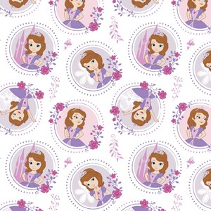 May include: A seamless pattern featuring a cartoon princess in a purple dress and crown. The princess is surrounded by flowers and vines in a circular design. The background is white.