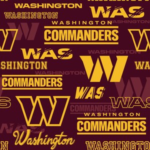 May include: A maroon and gold pattern featuring the words "Washington", "Commanders", and "WAS" in various fonts and arrangements. The letter "W" is also prominently displayed throughout the design. This design is suitable for apparel and accessories.